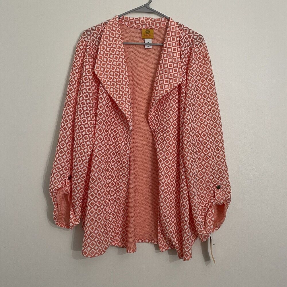 Ruby Rd Cardigan Jacket Women's 2X Coral Lagenlook Diamond Knit Open Front New